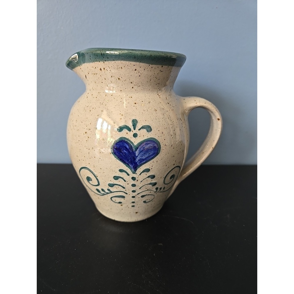 GREAT BAY POTTERY 6" Pitcher Blue Heart Green Scroll work Greenland‎ NH